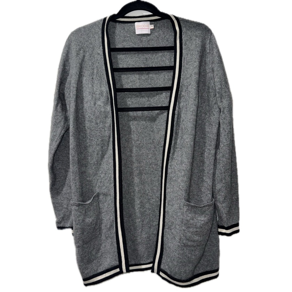 BRODIE 100% Cashmere Varsity Stripe Longline Cardigan Gray | Sz M